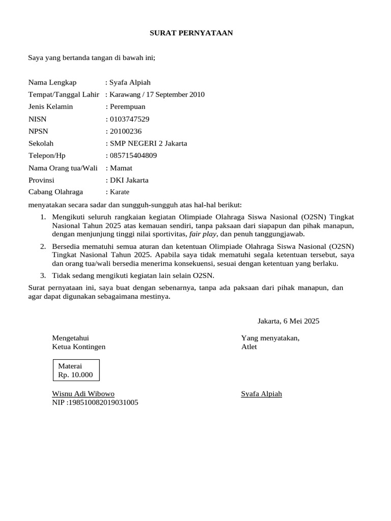Surat Pernyataan Atlet O2SN 2025 | PDF