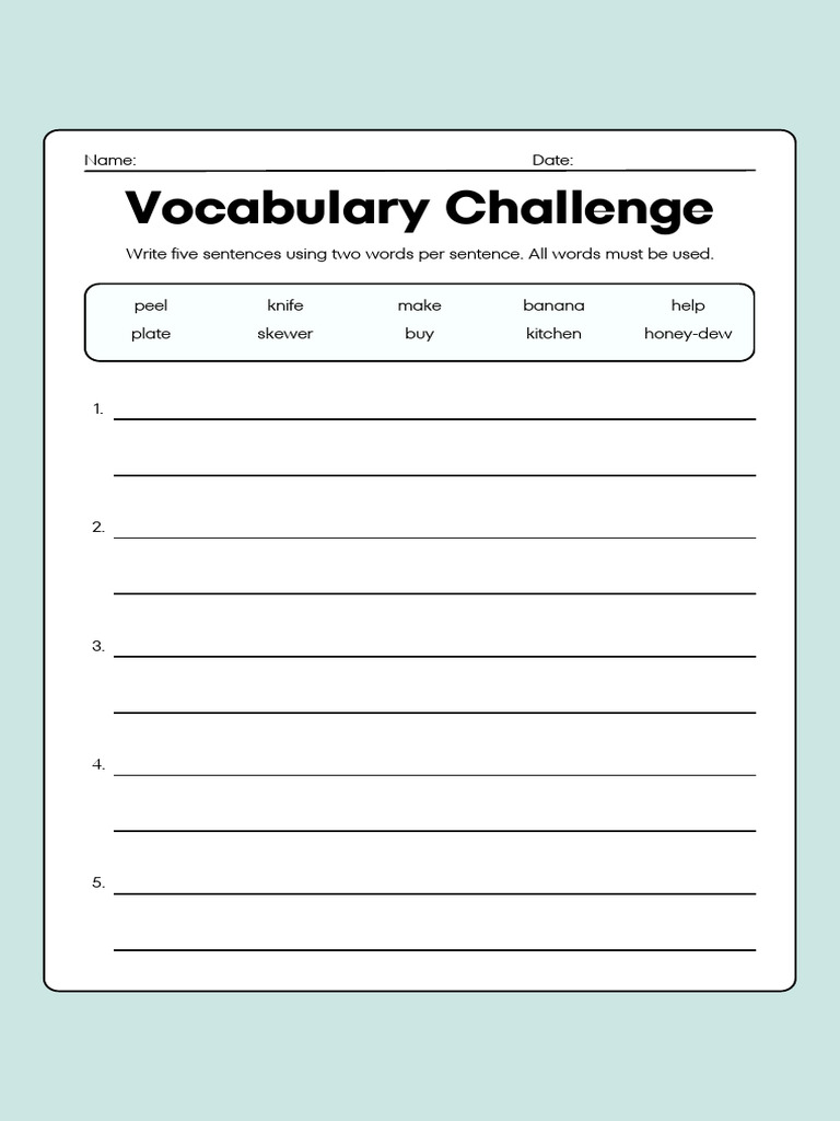 Vocabulary Sentences Writing Worksheet in Blue White Simple Style | PDF