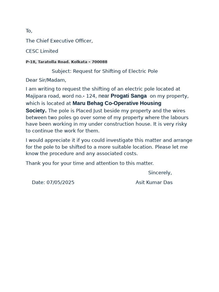 Request for Electric Pole Relocation | PDF