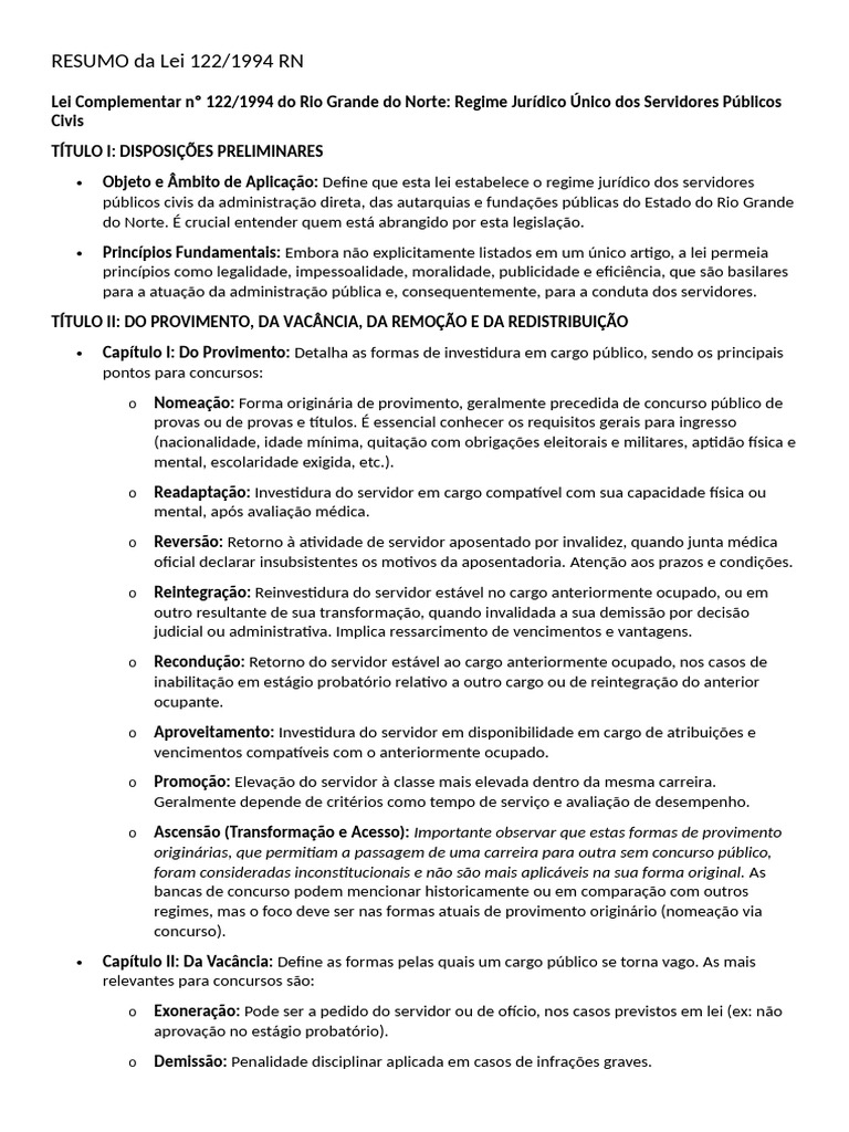 Resumo da Lei 122/1994 RN | PDF | Férias trabalhistas | Governo