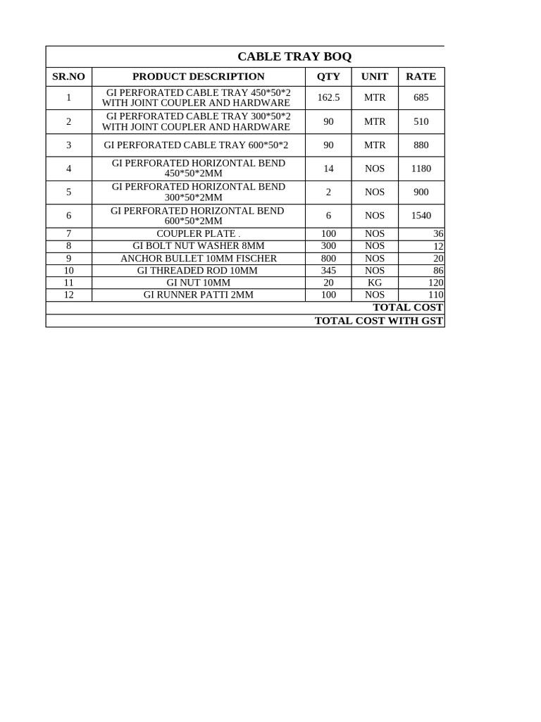 Cable Tray Price List and BOQ | PDF