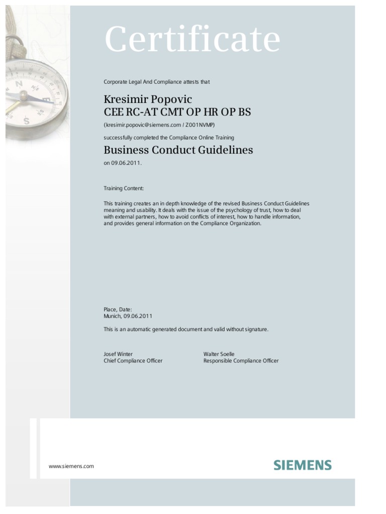 BCG Compliance Training Certificate | PDF | Business