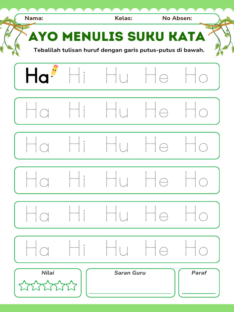 Lembar Kerja Suku Kata Ha Hi Hu He Ho | PDF