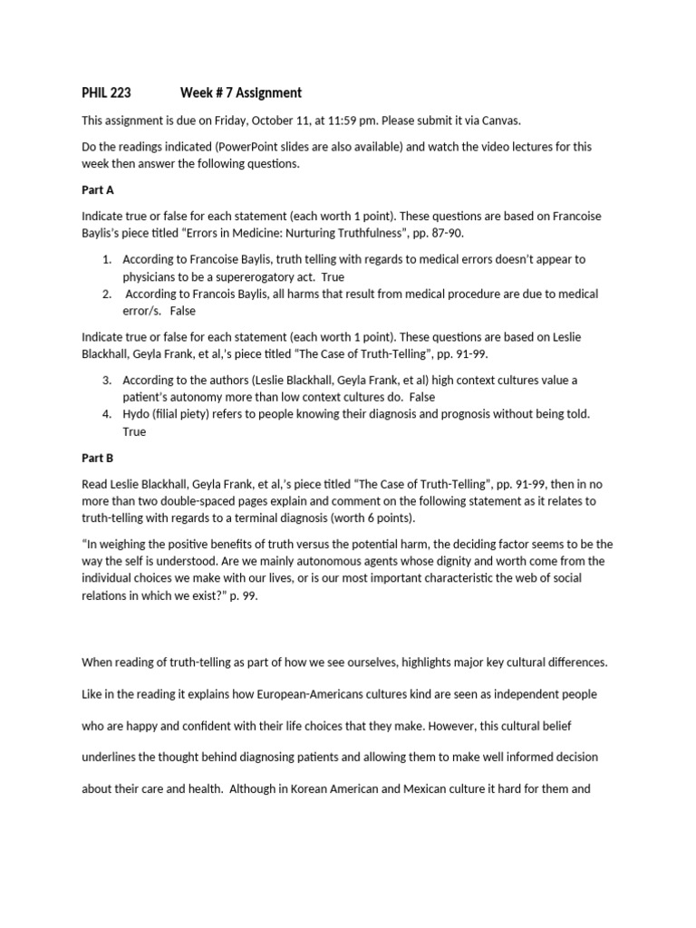 Truth-Telling in Medicine Assignment | PDF | Medical Diagnosis | Health ...