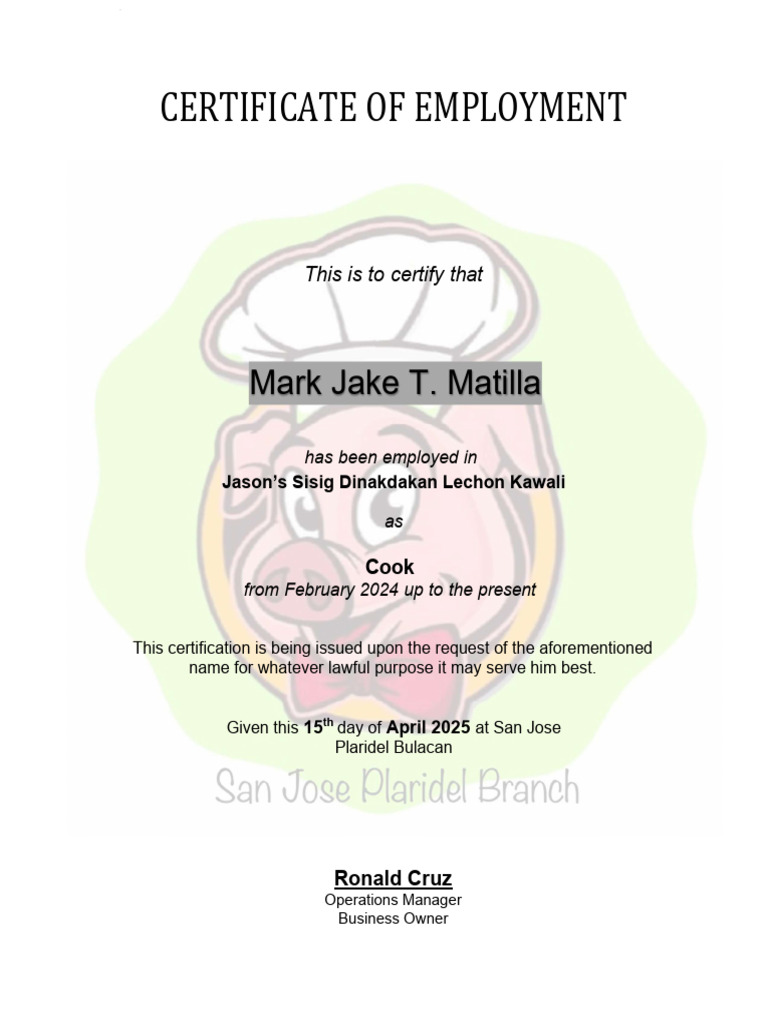 Employment Certificate for Cook Position | PDF