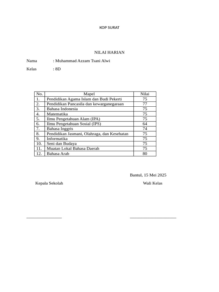 Nilai Harian Siswa Kelas 8D | PDF