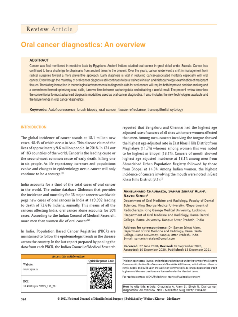 Oral Cancer Diagnostics Overview | PDF | Cancer | Head And Neck Cancer