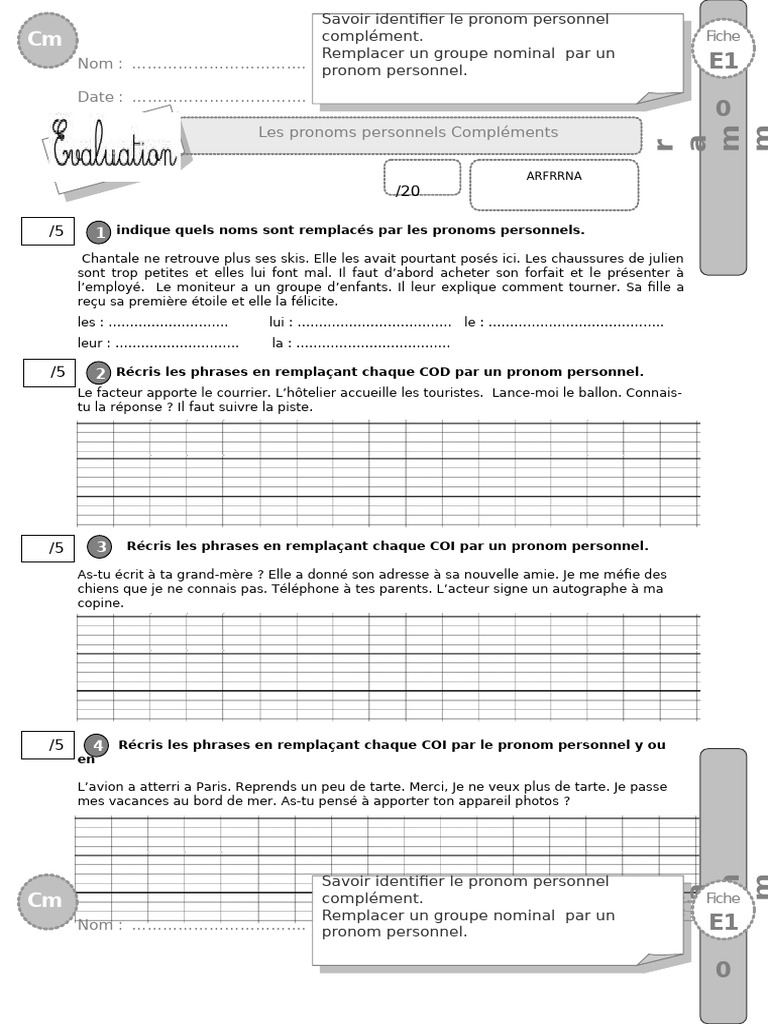 Exercices sur les pronoms personnels CM2 | PDF | Pronom | Complément d ...