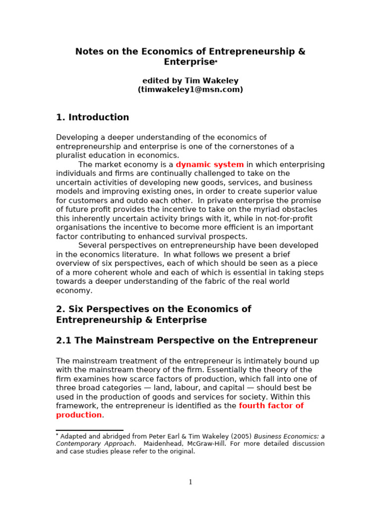 Notes On The Economics of Entrepreneurship - Edited | PDF ...