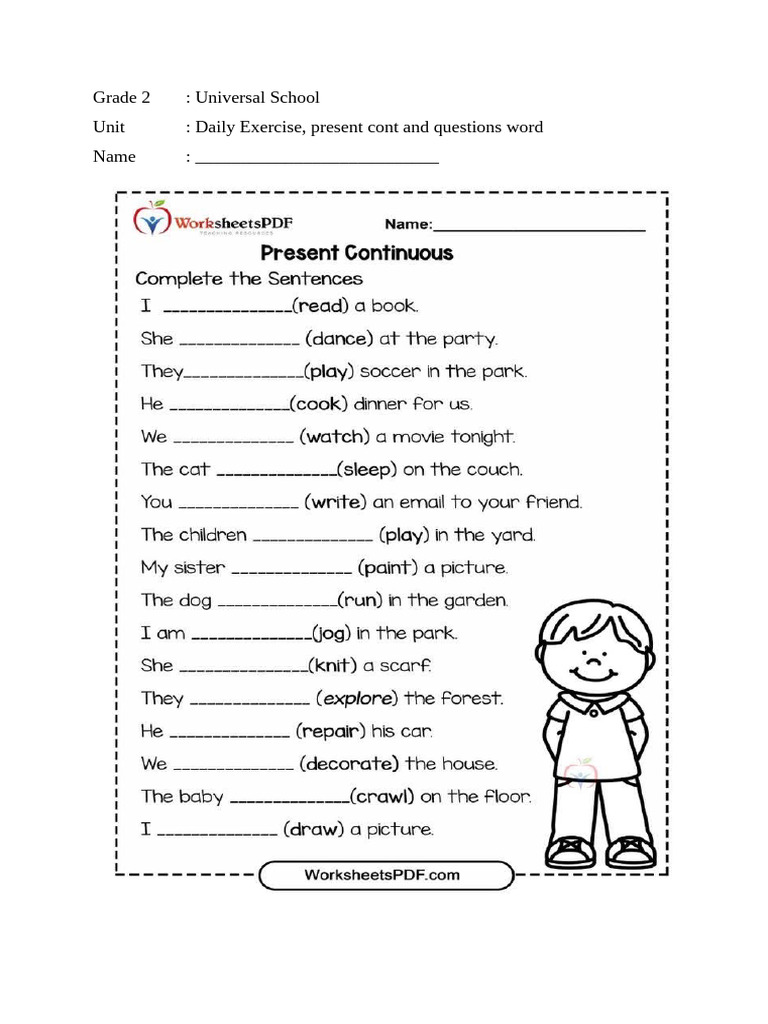 Present Continuous Worksheet for Grade 2 | PDF