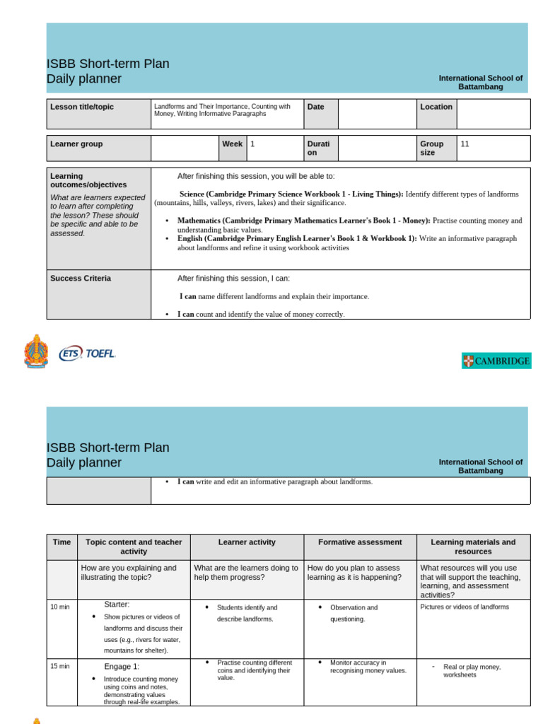 ISBB Lesson Plan: Landforms & Money | PDF | Learning | Behavior ...