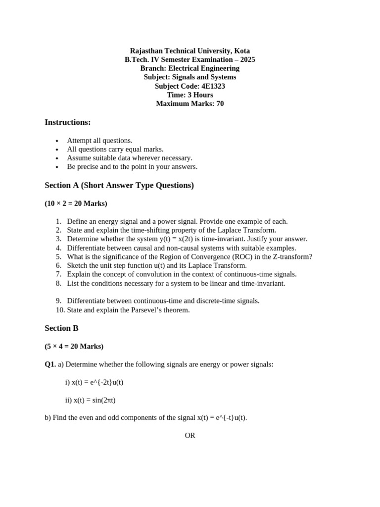 Model Paper of Signal and System | PDF | Laplace Transform | Calculus