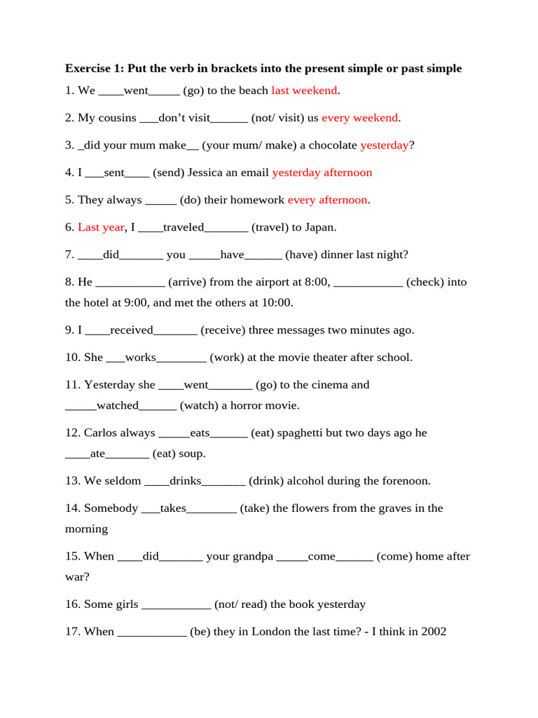Present and Past Simple Verb Exercises | PDF | Workweek And Weekend