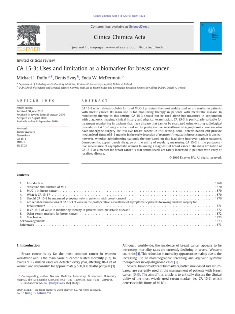F. CA 153 CA 15-3: Uses and Limitation As A Biomarker For Breast Cancer ...