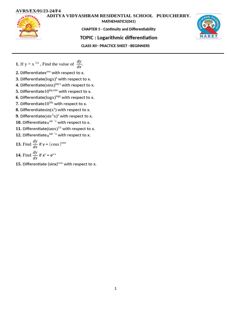 Logarithmic Differentiation Practice Sheet | PDF