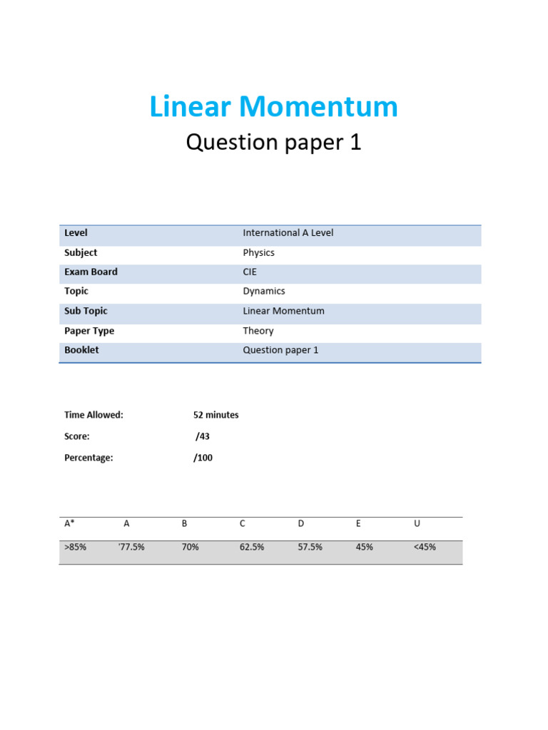 A Level Physics: Linear Momentum Exam Paper | PDF | Physics | Mechanics