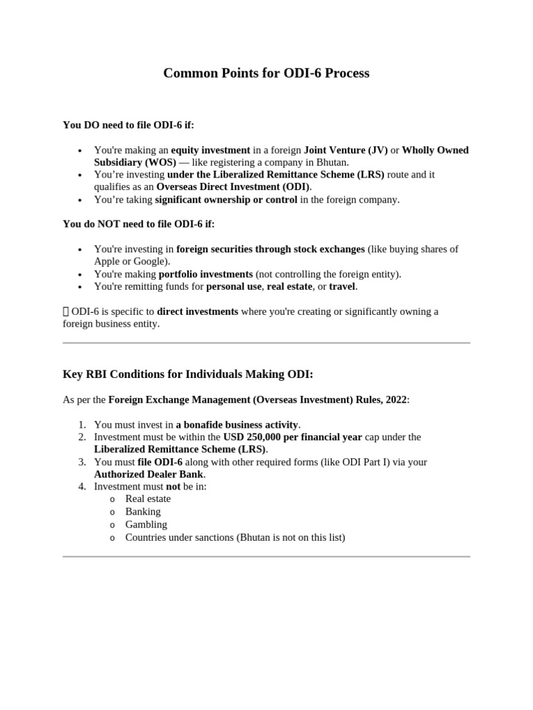 ODI-6 Filing Guide for Foreign Investments | PDF | Financial Markets ...