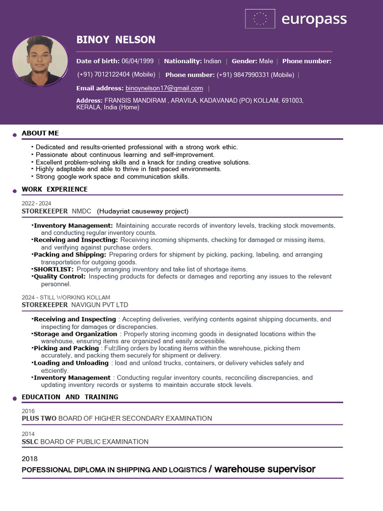 Binoy Nelson - Storekeeper Profile | PDF | Warehouse | Inventory