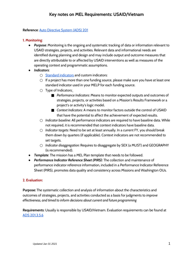 USAID Vietnam MEL Requirements Overview | PDF | Performance Indicator ...
