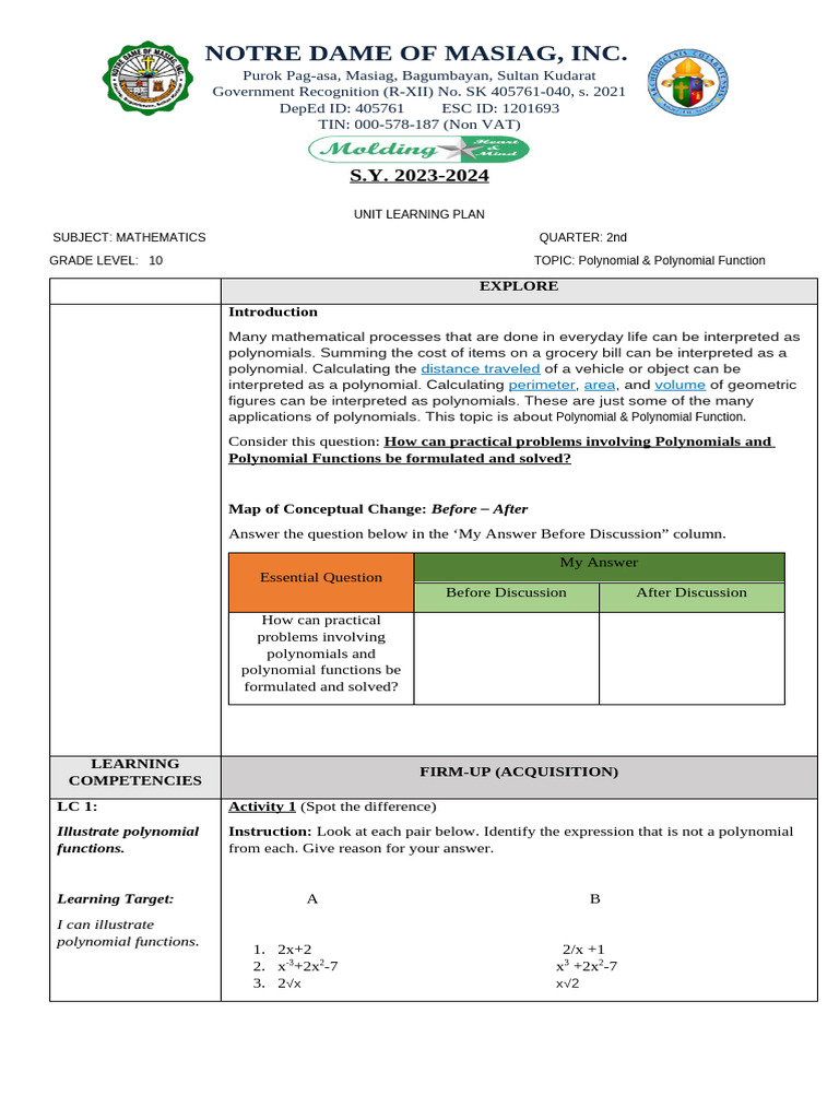 Grade 10 Mathematics Unit Plan: Polynomials | PDF | Circle ...