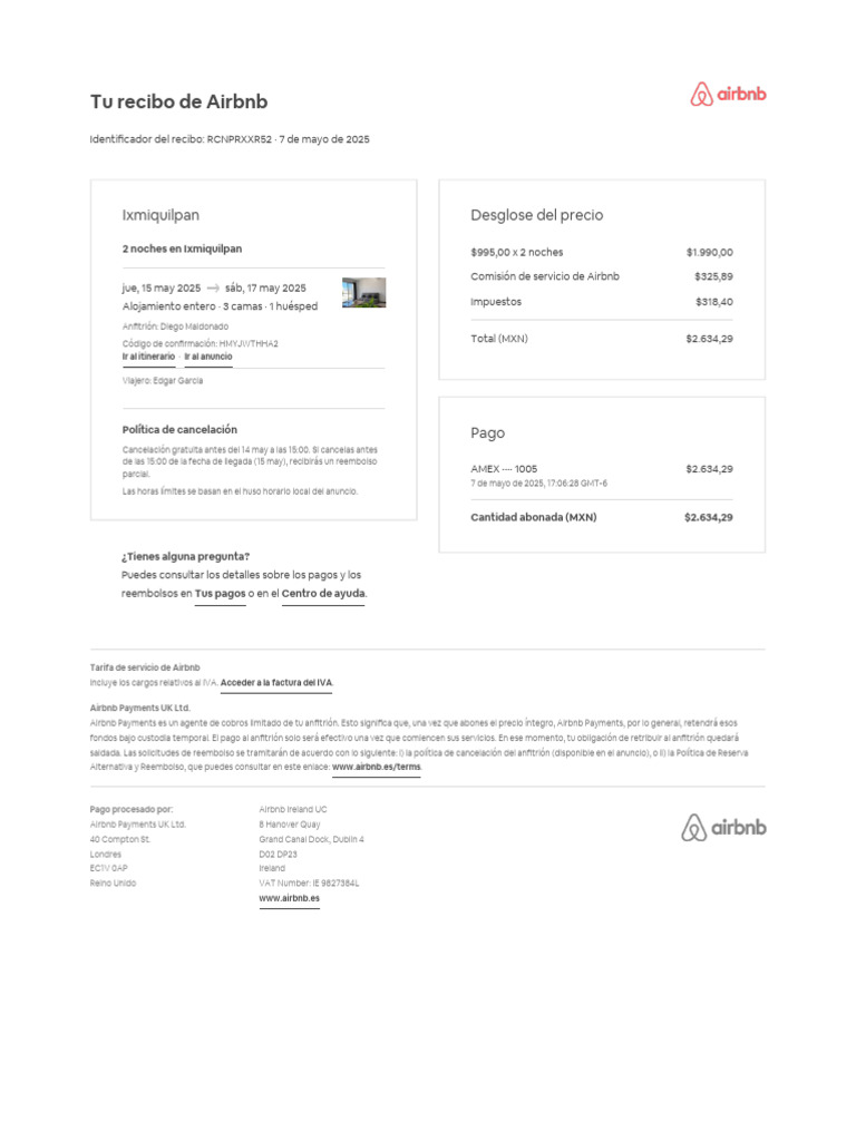 Ejemplo de factura Airbnb México | PDF