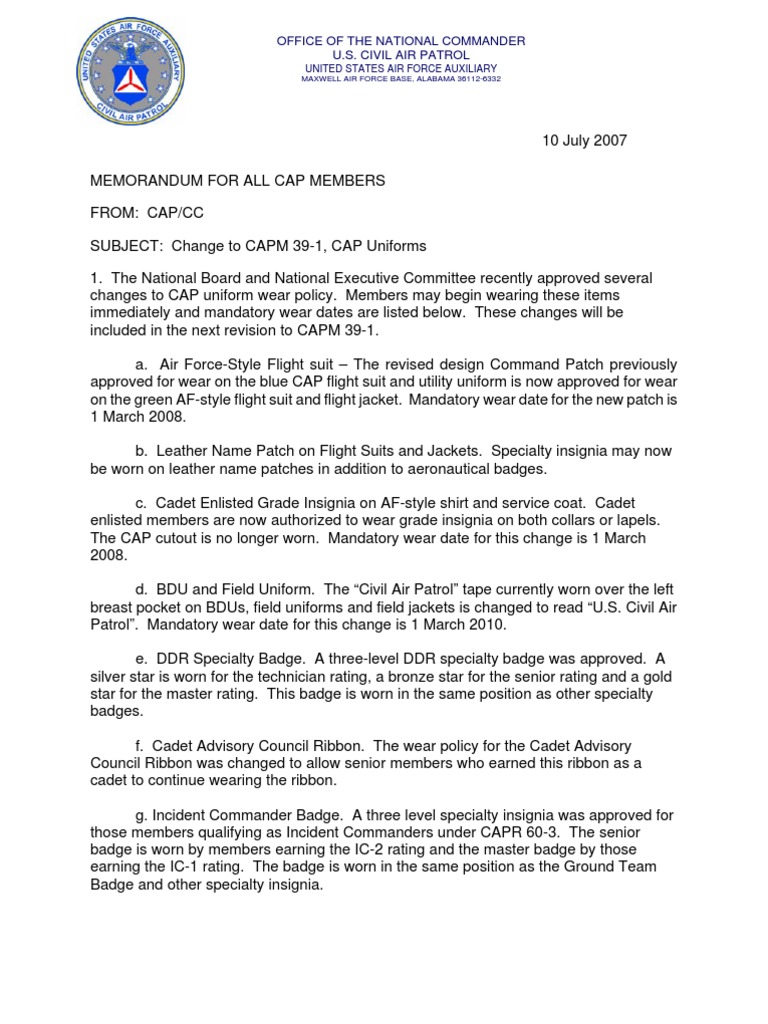 CAP Uniform Changes Memo 07/10/2007 Civil Air Patrol Uniforms