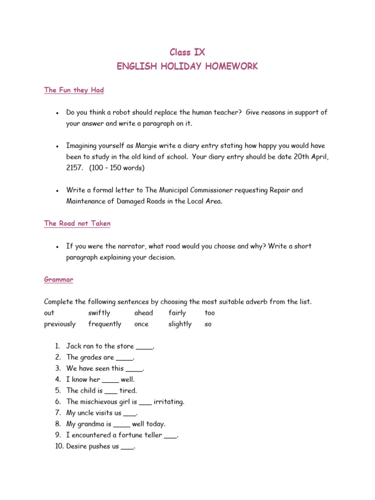 Class IX English Holiday Homework | PDF