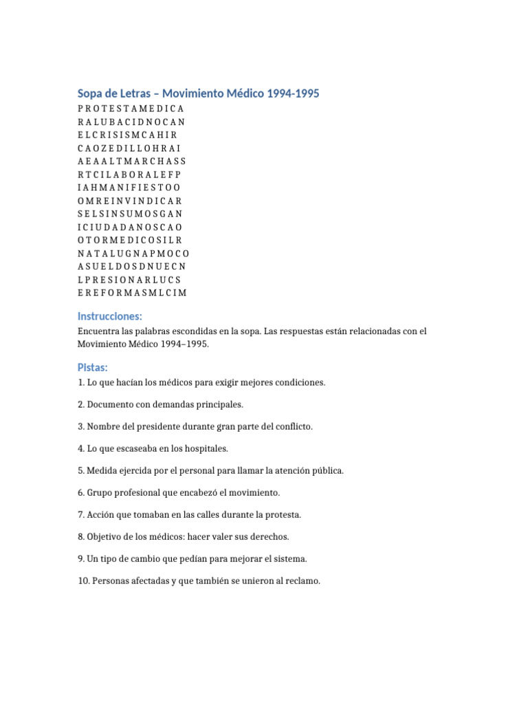 Sopa de Letras: Movimiento Médico 1994-1995 | PDF