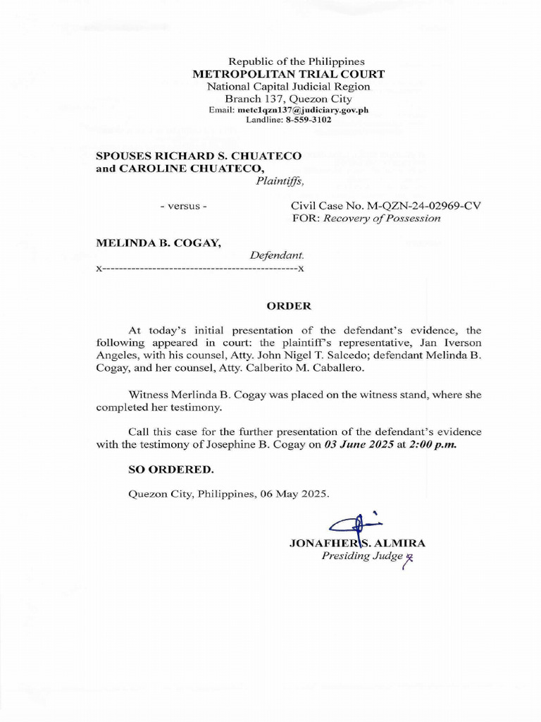 Order 06may2025 For Recovery of Possession - Civil Case No. 24-02969-CV ...