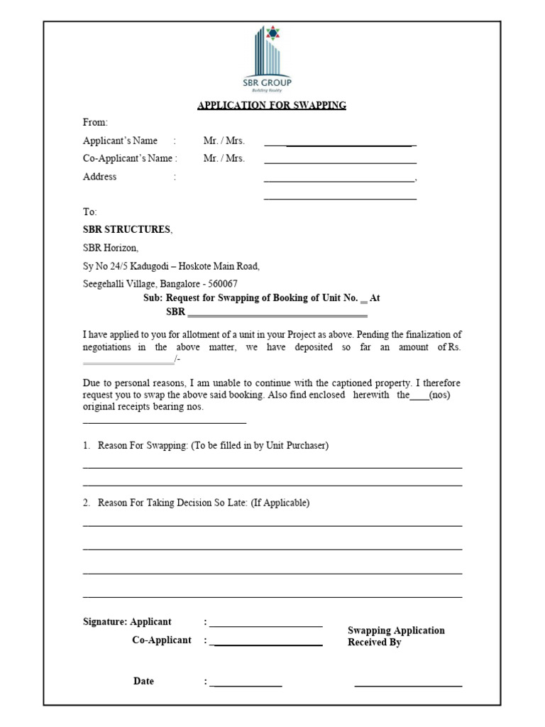 Unit Booking Swap Application Form | PDF | Business