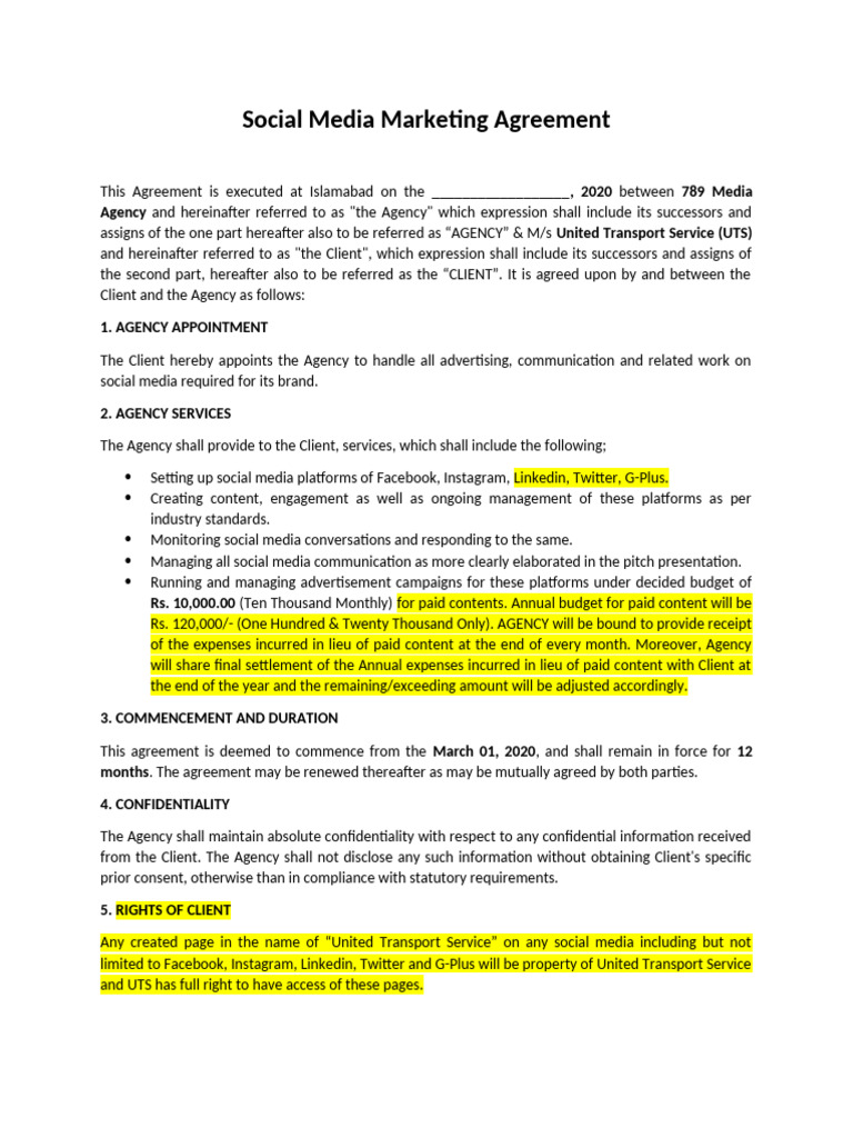 Social Media Marketing Agreement UTS | PDF | Indemnity | Social Media ...
