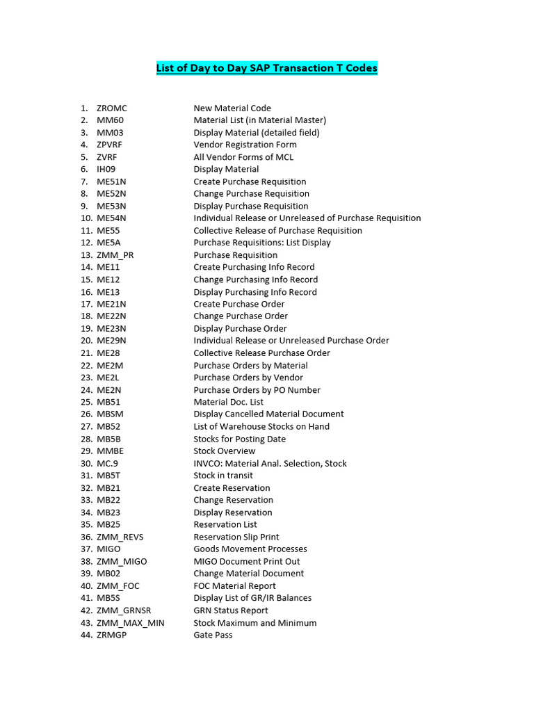 Essential SAP Transaction Codes List | PDF | Service Industries | Business