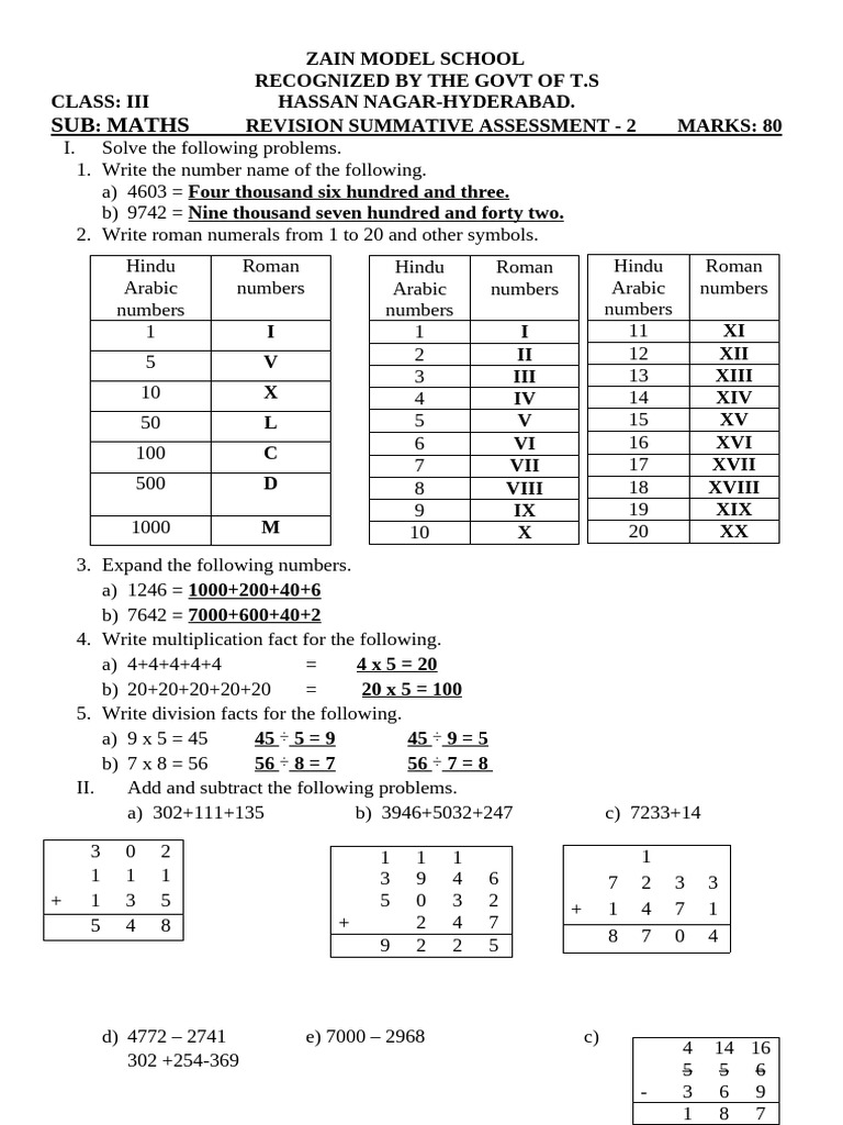 Maths Revision Assessment for Class III | PDF | Division (Mathematics ...