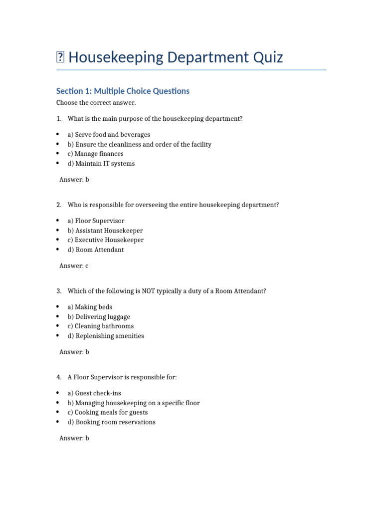 Housekeeping Quiz: Roles and Duties | PDF