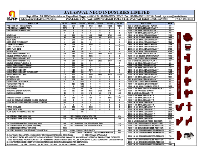 Hubless CI Pipe Price List 2018 | PDF | Mechanical Engineering | Home ...