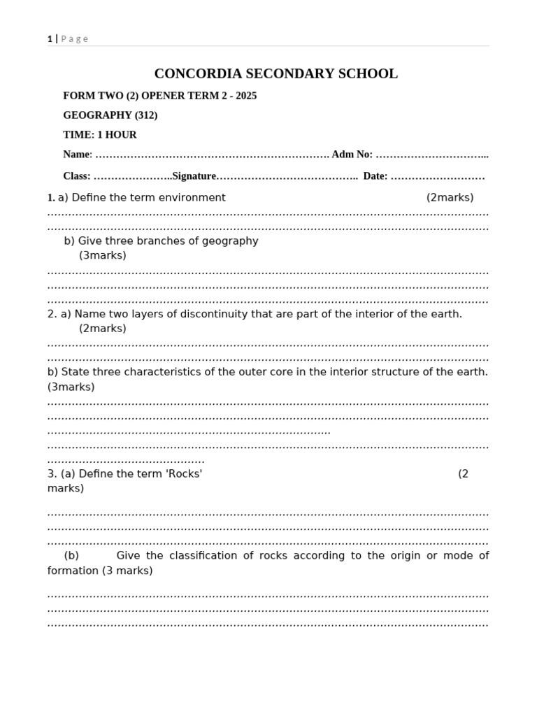 Form 2 Geography Exam Questions | PDF | Natural Sciences | Geophysics