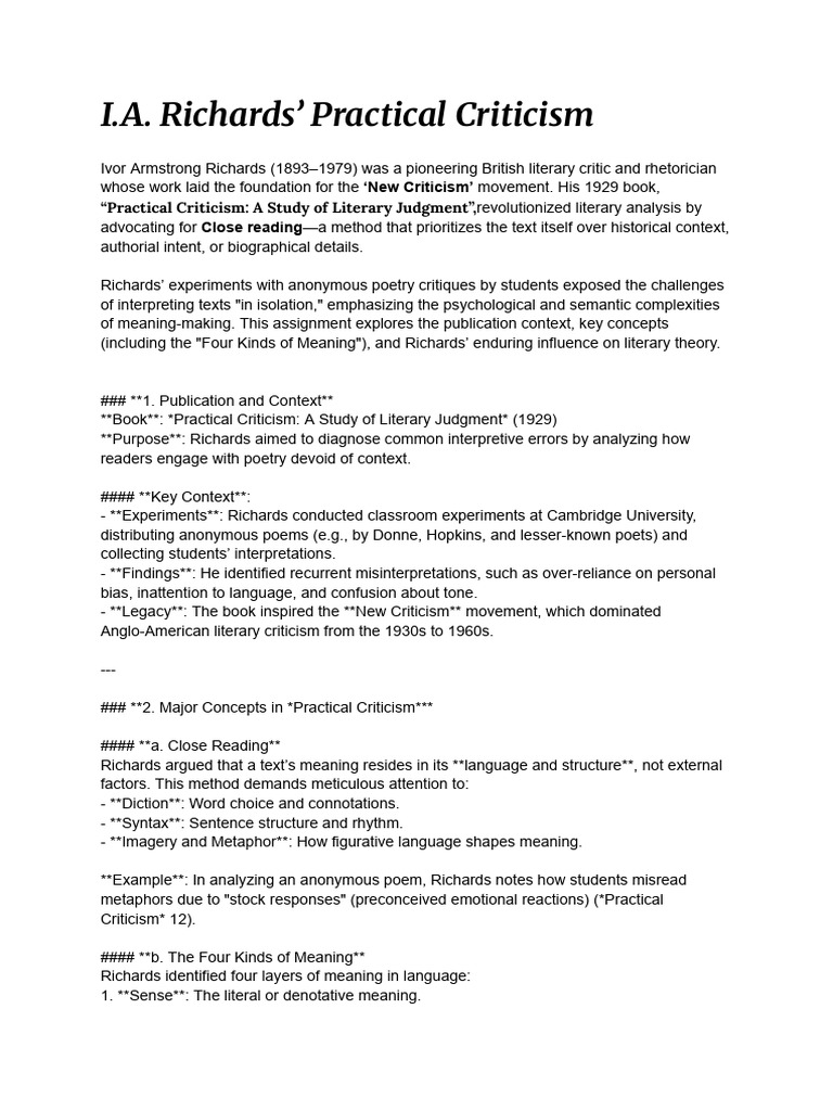I.A. Richards' Practical Criticism Explained | PDF | Literary Criticism ...
