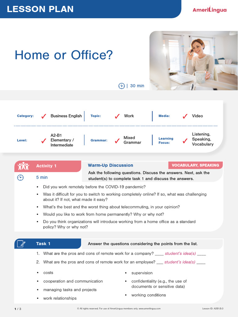 Home vs. Office: Business English Lesson | PDF | Vocabulary | Reading ...