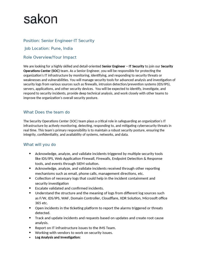 Senior Engineer - SOC JD - Updated V 10 | PDF | Security | Computer ...
