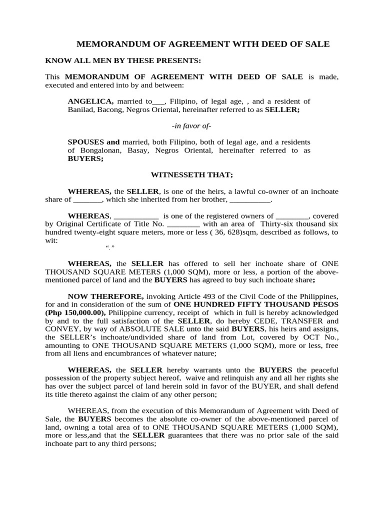 Memorandum of Agreement With Deed of Sale | PDF | Natural Resources Law ...