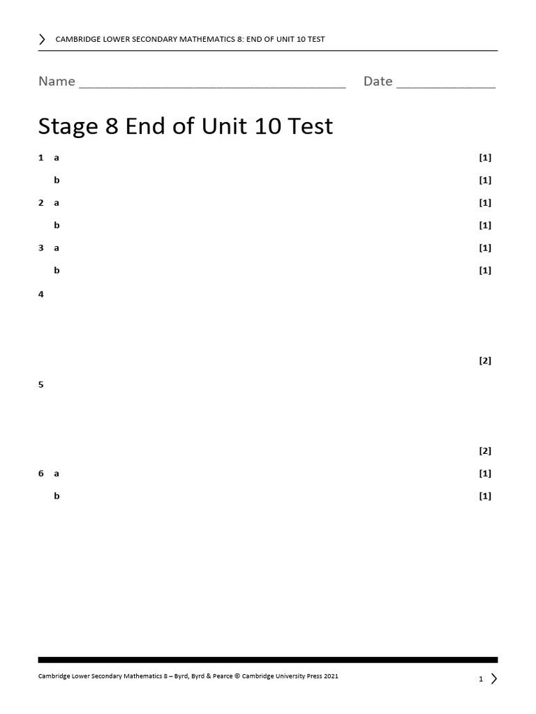 Stage 8 End of Unit 10 Test | PDF | Percentage