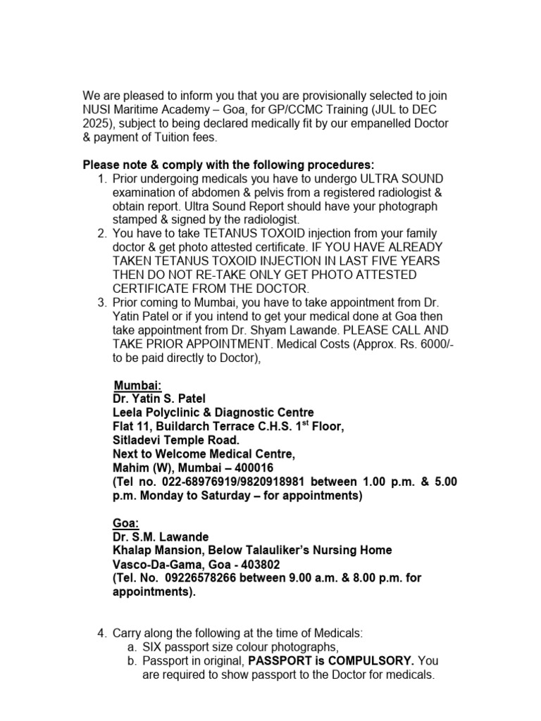 NUSI Goa Admission Medical Instructions | PDF