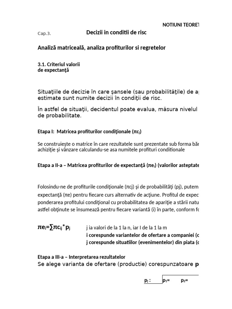 Cap.3 Decizii in Conditii de - Risc - Analiza Matriceala | PDF
