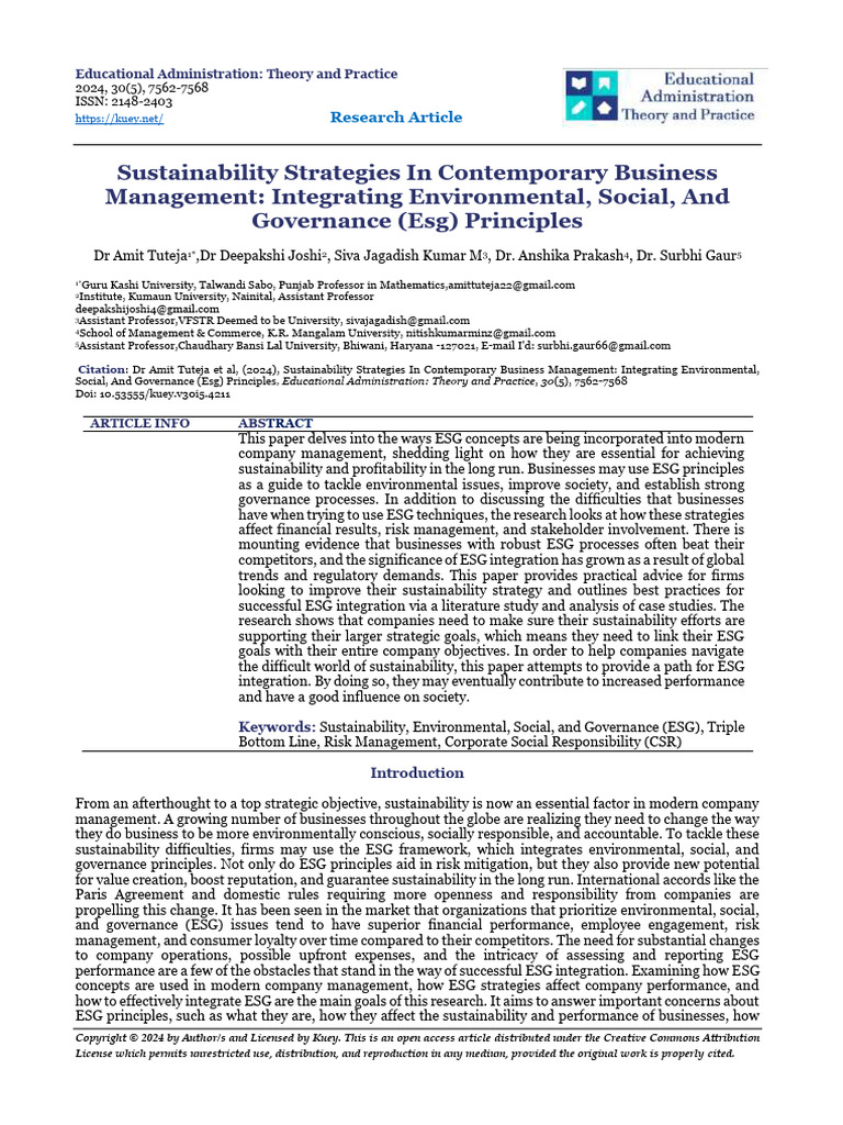 ESG Integration in Business Management | PDF | Sustainability ...