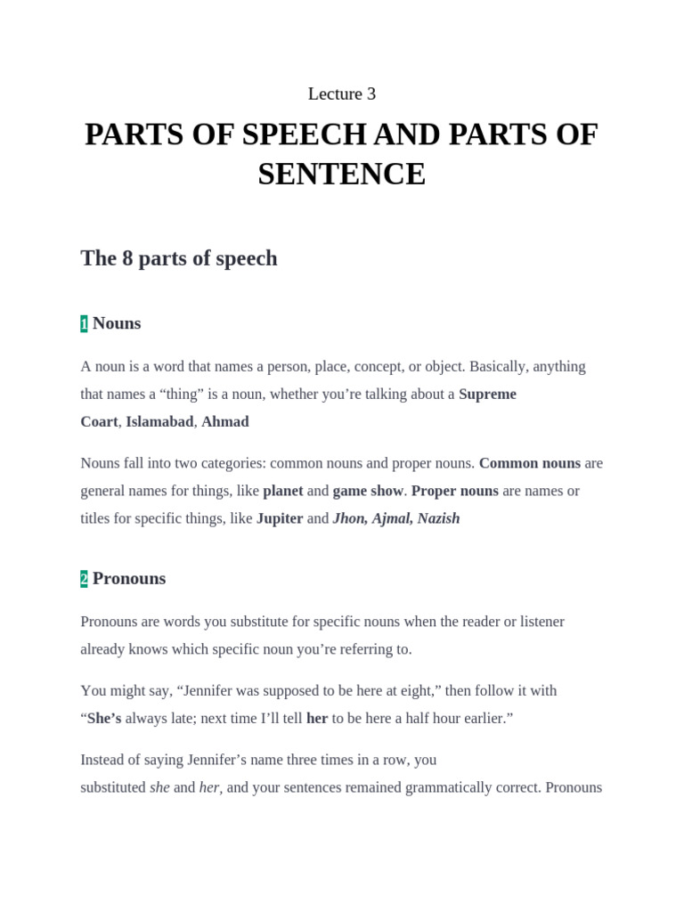 Parts of Speech and Sentence Structure | PDF | Subject (Grammar) | Noun