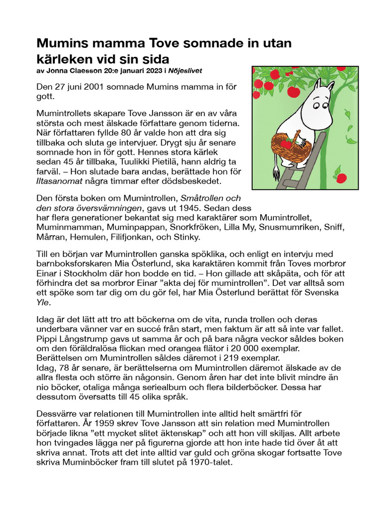 Text Till Individuellt Referat - Mumins Mamma Tove Somnade in Utan ...