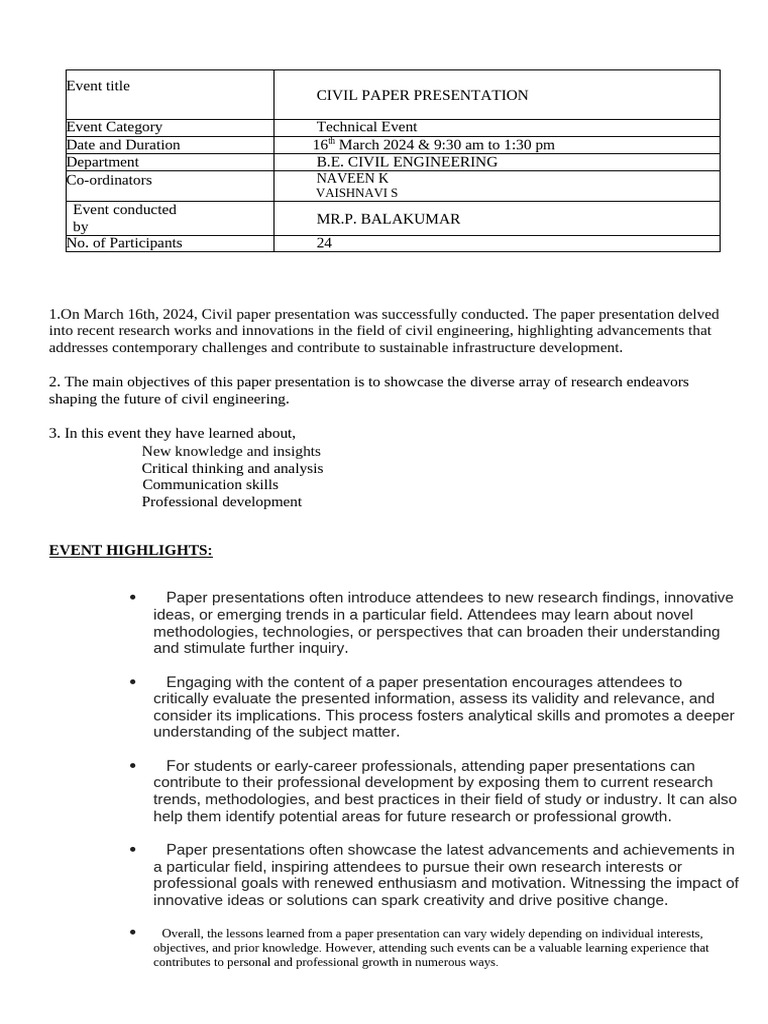 Civil Engineering Paper Presentation 2024 | PDF | Methodology | Cognition