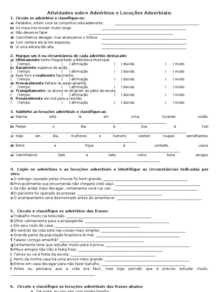 Atividades sobre Identificação e Classificação de Advérbios e Locuções ...