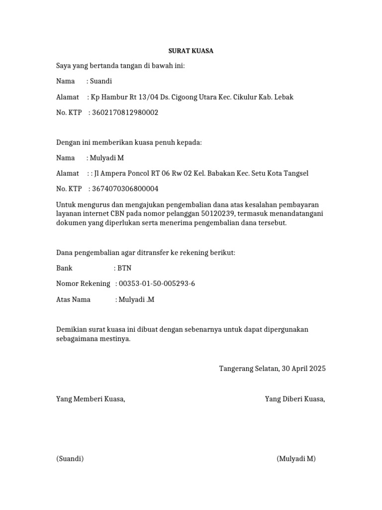 Surat Kuasa Pengembalian Dana CBN | PDF