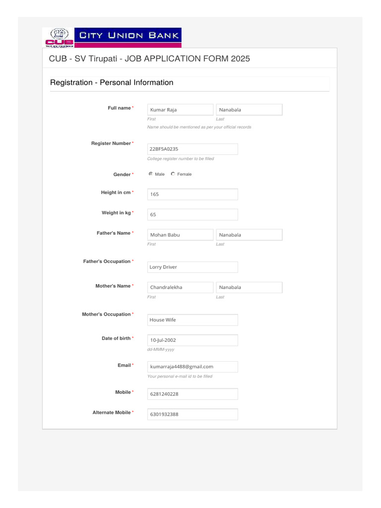 CUB-Job Application Form Executive Cadre | PDF